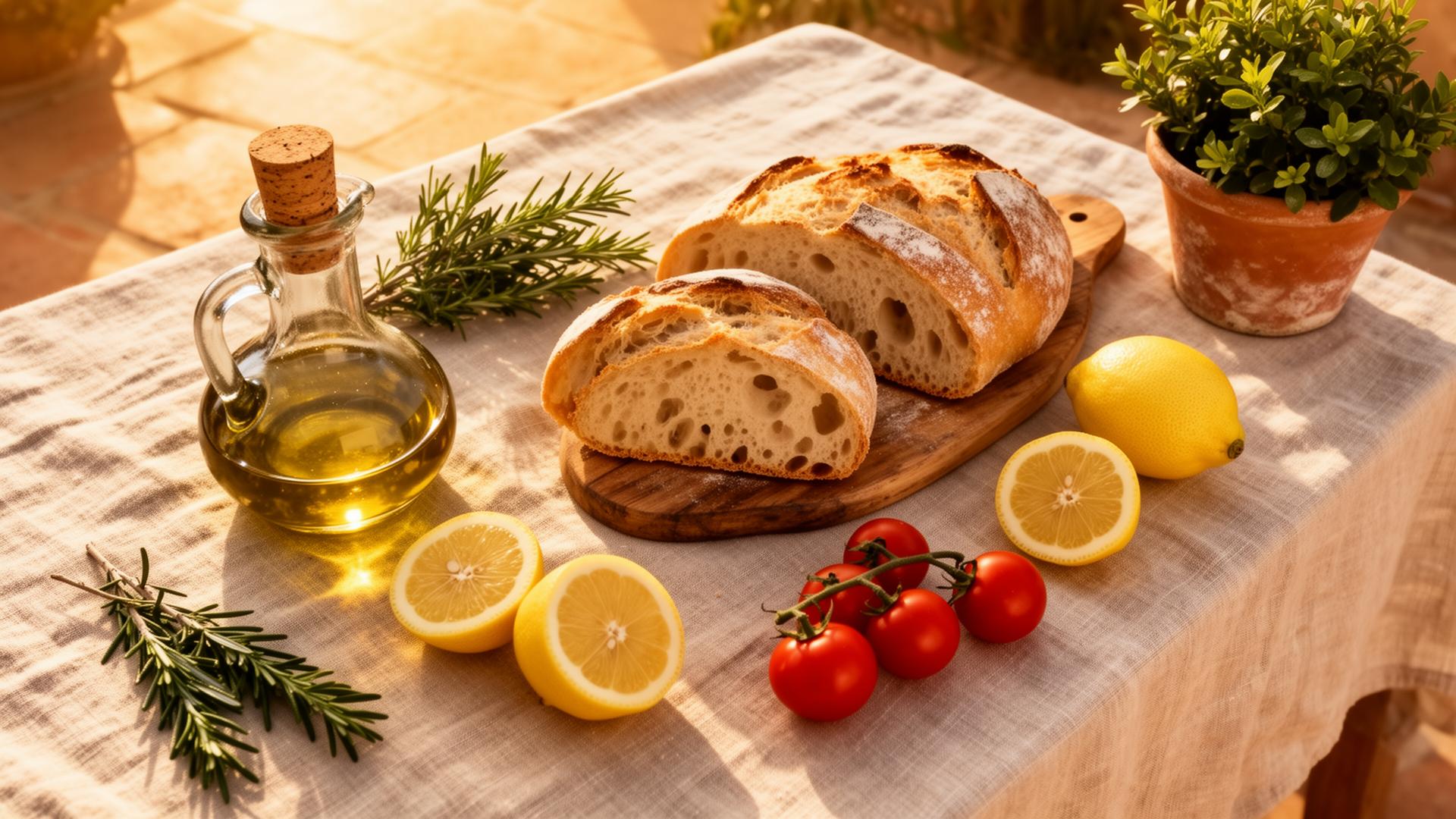 Gourmet Mediterranean table spread with fresh heritage bread, premium extra virgin olive oil, and artisan Italian ingredients