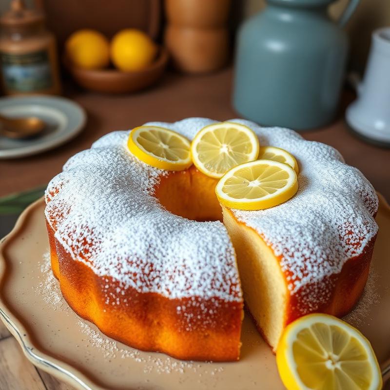A tender, moist lemon cake baked with olive oil, dusted with powdered sugar and garnished with fresh lemon slices.