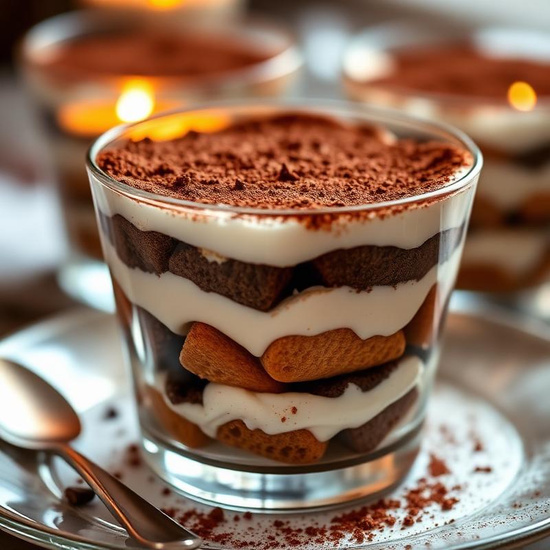 Layers of espresso-soaked ladyfingers and velvety mascarpone cream, topped with a dense dusting of premium cocoa powder.