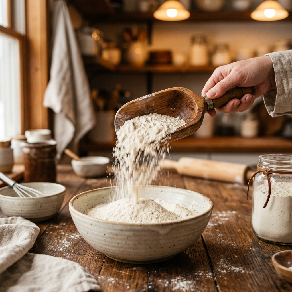 Premium Italian artisan flour in a wooden scoop for heritage baking techniques