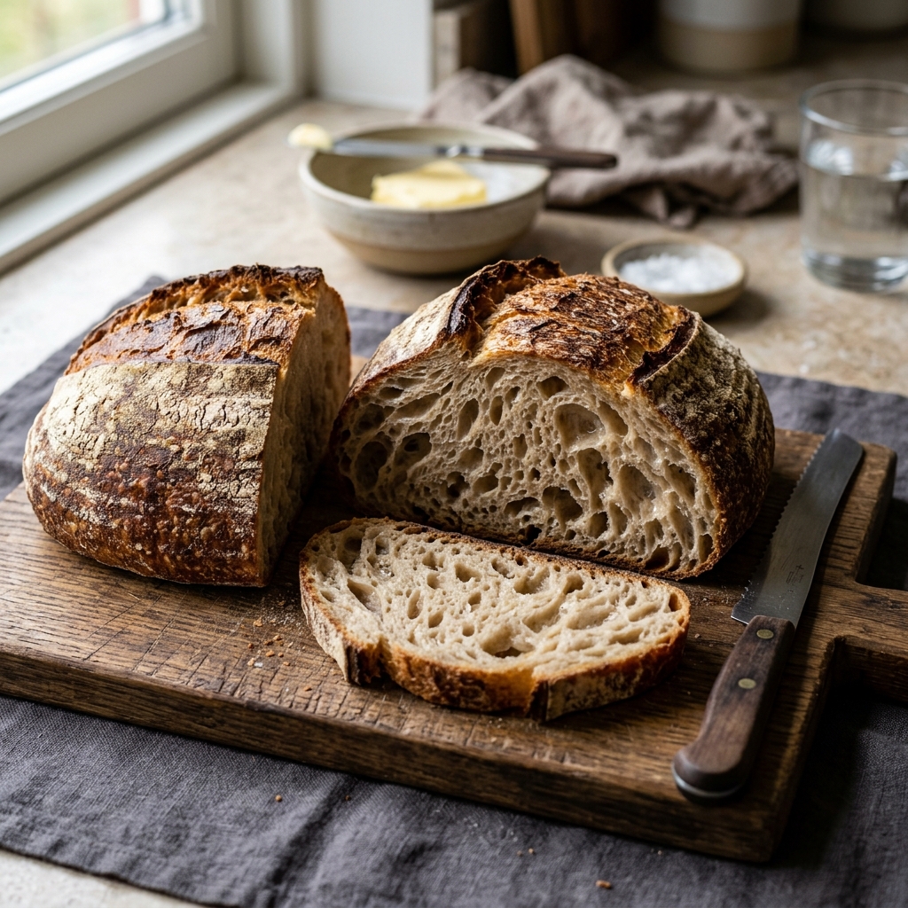 A perfectly baked slice of fresh artisan sourdough bread showing the open airy crumb