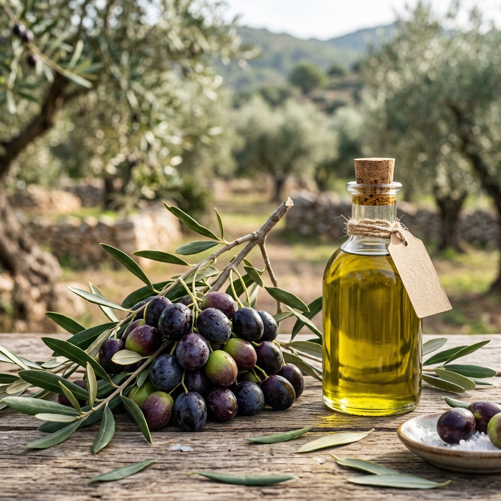 Freshly harvested olives and cold-pressed extra virgin olive oil from a Sicilian heritage estate