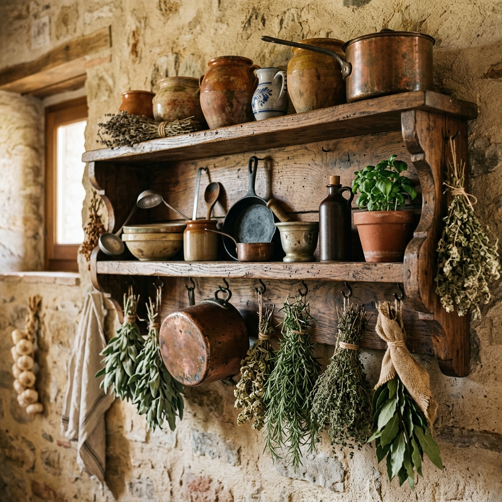 Traditional Sicilian rustic kitchen shelf with copper pots and heritage spices